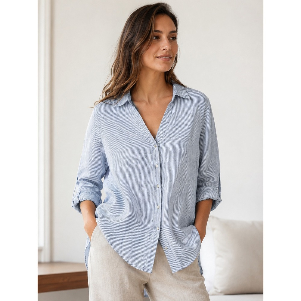 Jones & Co NY 100% Linen Striped Button Front Shirt Plus Size 1X Roll Tab NWOT